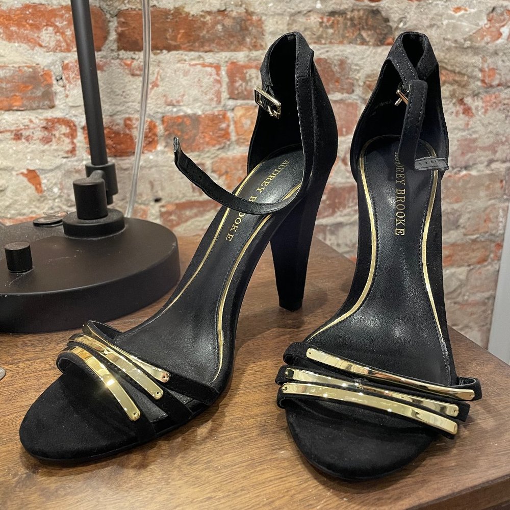 Black Suede Strappy Heel with Gold Accents